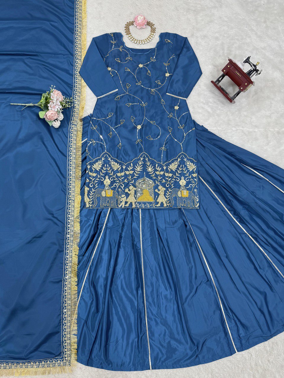 Natural Crep Silk Beads With Thread Sequence Work Top Lehenga