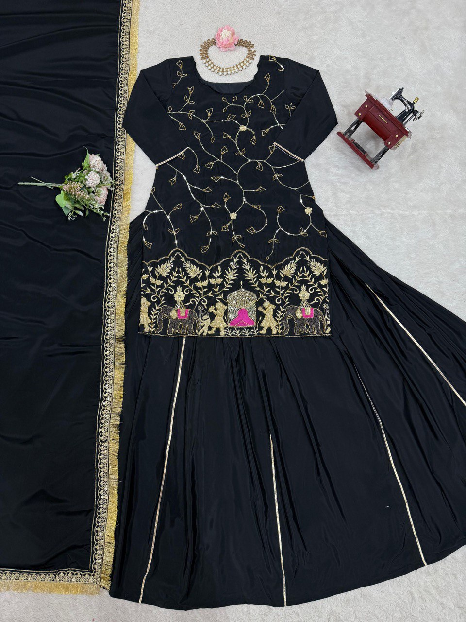 Natural Crep Silk Beads With Thread Sequence Work Top Lehenga
