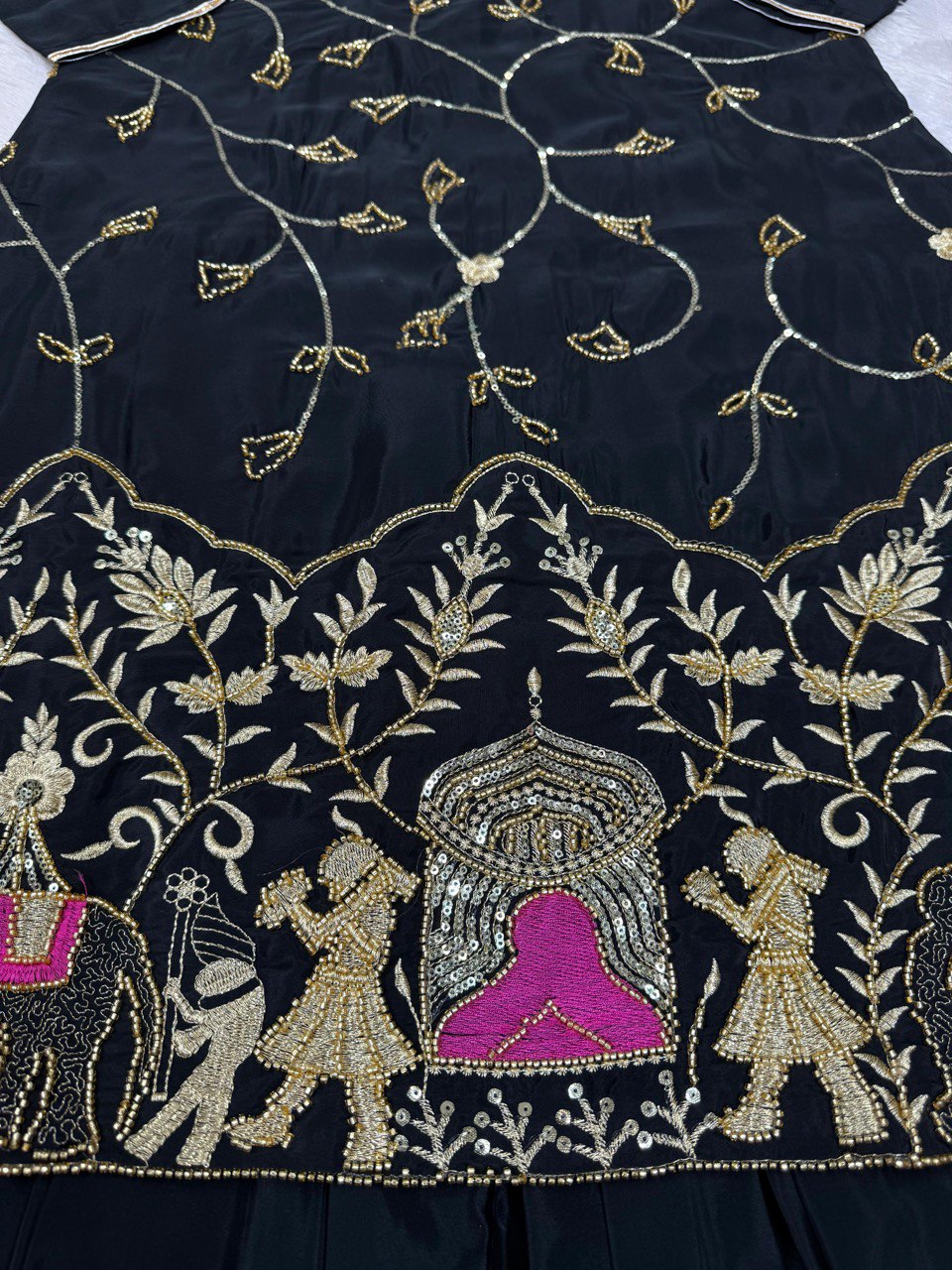 Natural Crep Silk Beads With Thread Sequence Work Top Lehenga