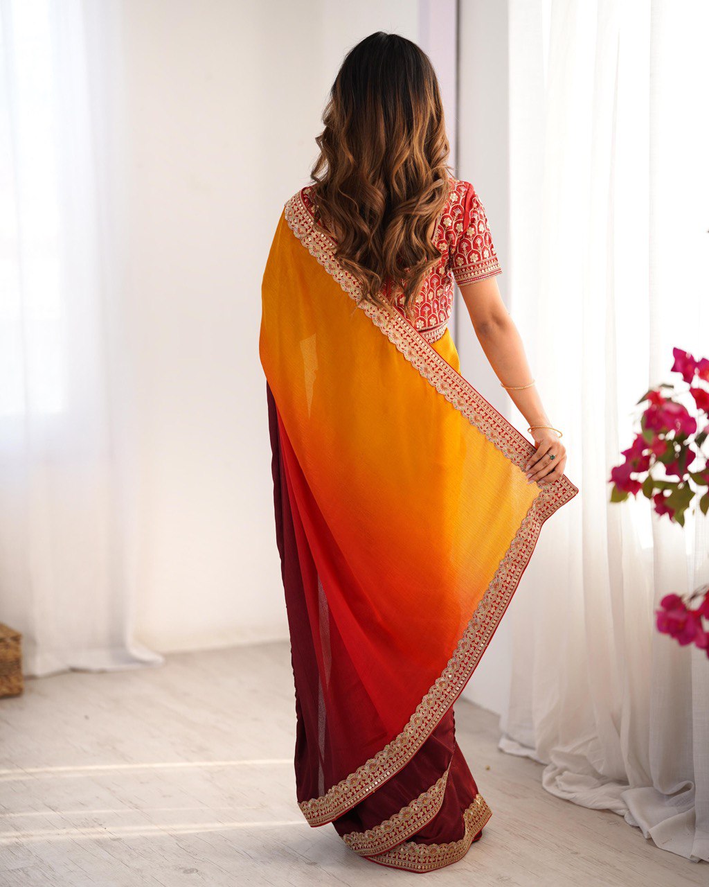BEAUTIFUL TWO SHADE CHINON SILK PARTY WEAR SAREE