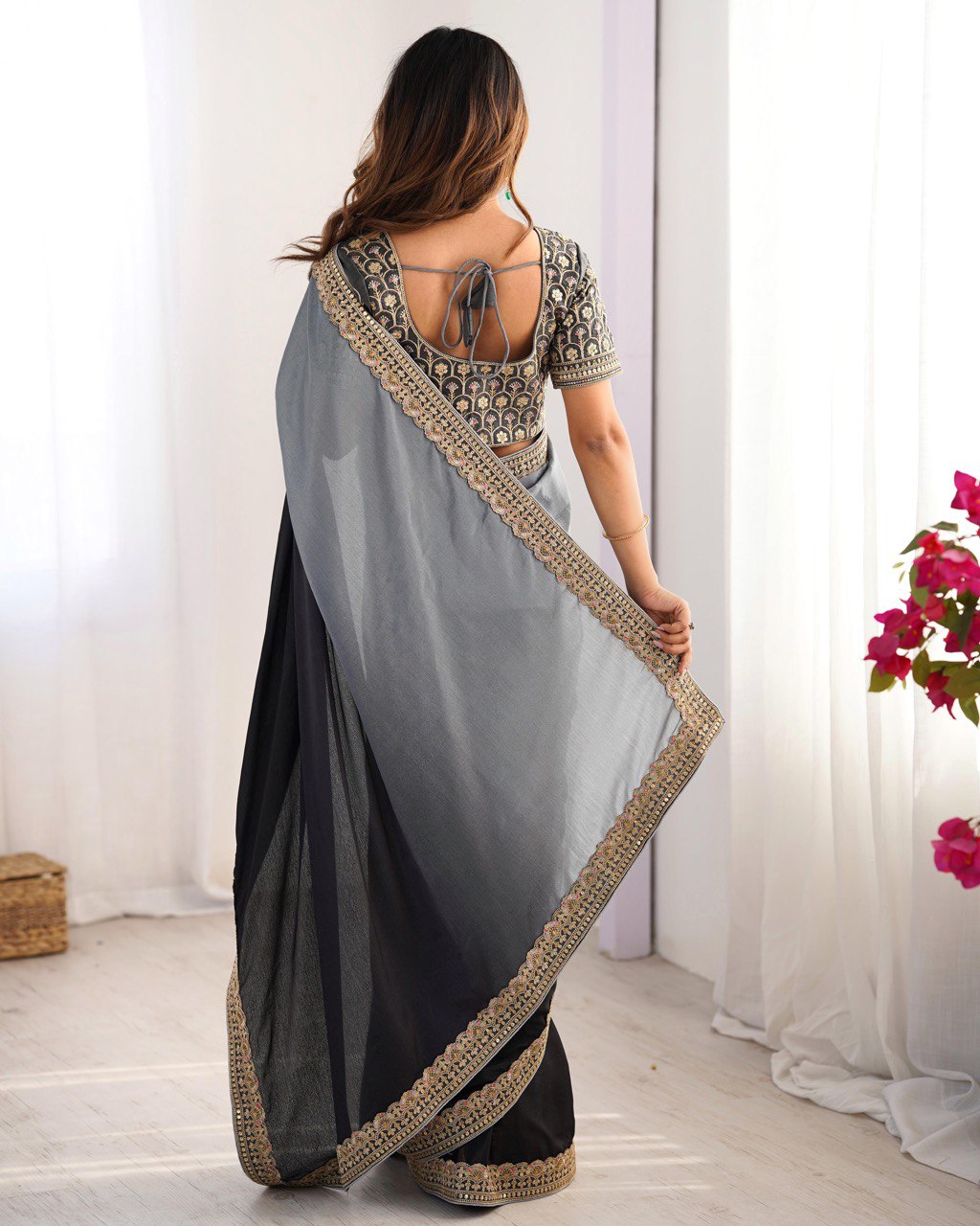 BEAUTIFUL TWO SHADE CHINON SILK PARTY WEAR SAREE