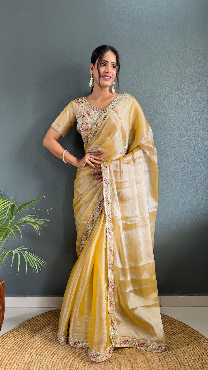 Soft Burberry Silk Sequence Embroidery Work Trendy Saree.