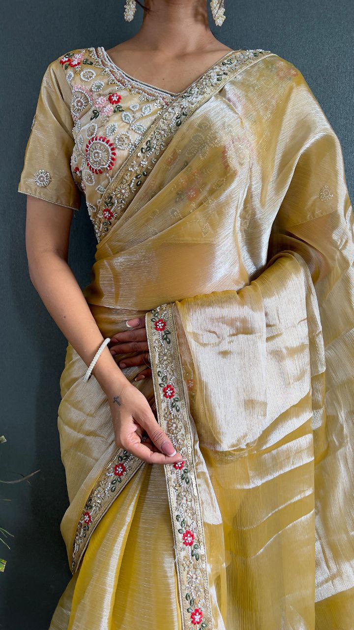 Soft Burberry Silk Sequence Embroidery Work Trendy Saree.