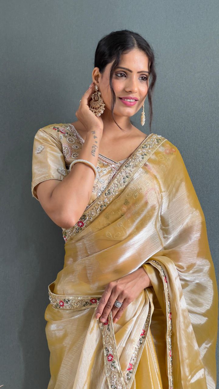 Soft Burberry Silk Sequence Embroidery Work Trendy Saree.