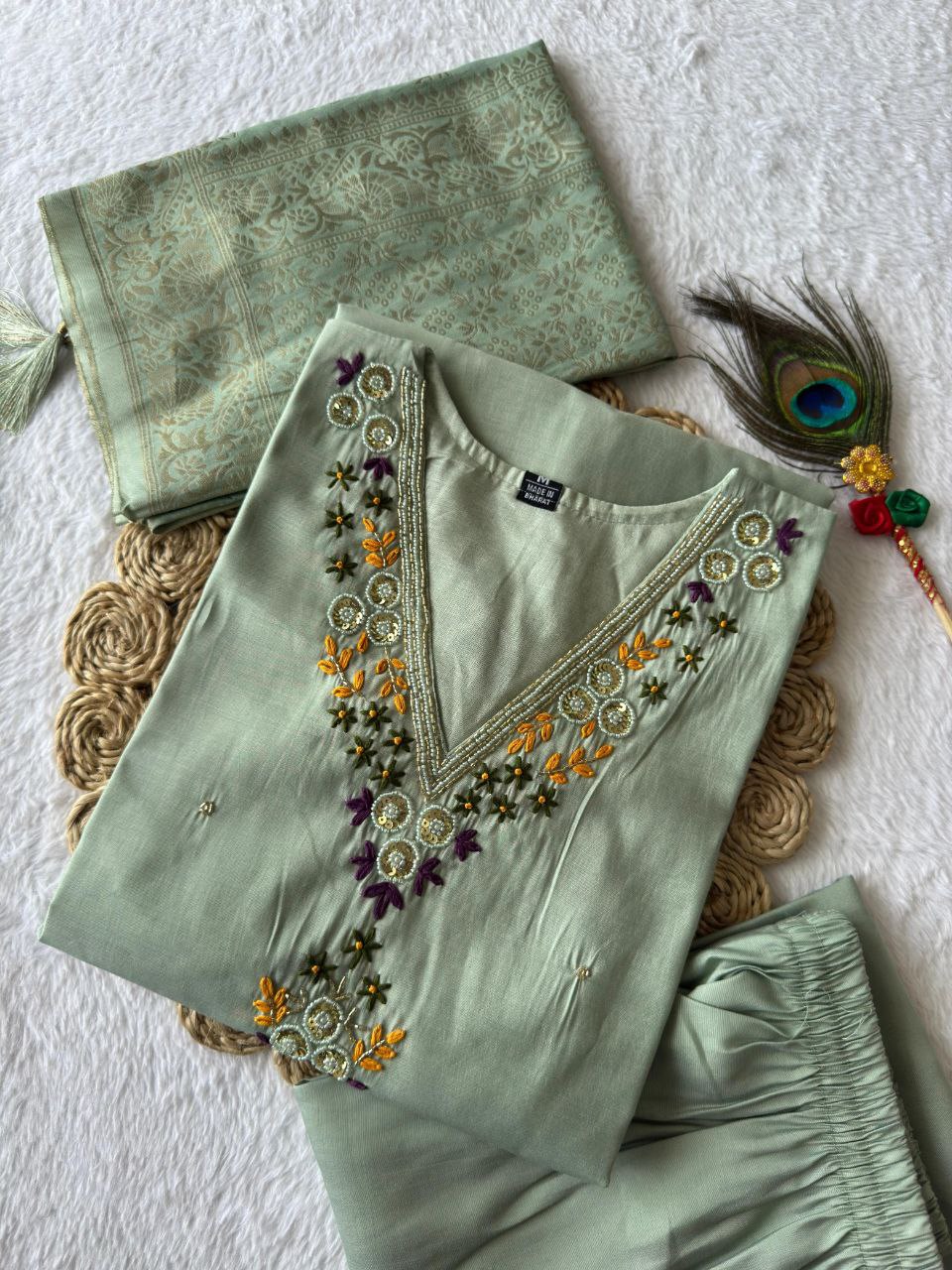 Premium Romn Silk With Hand Work Kurti
