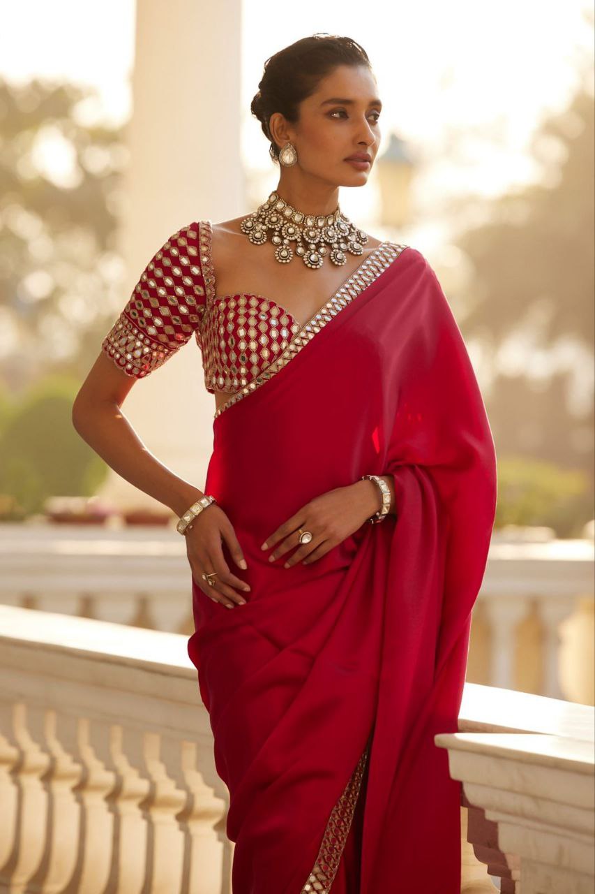 Premium French Creap Silk With Real Mirror Work Saree