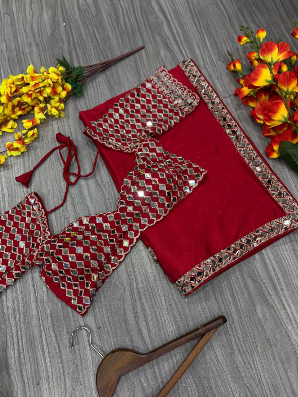 Premium French Creap Silk With Real Mirror Work Saree