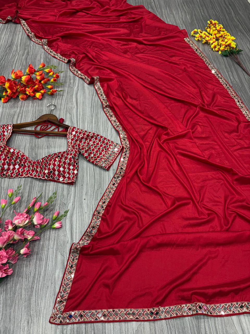Premium French Creap Silk With Real Mirror Work Saree