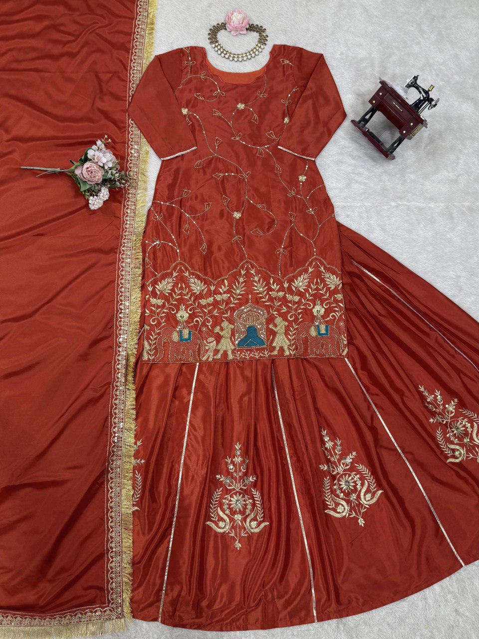 Natural Crep Silk Beads With Thread Sequence Work Top Lehenga