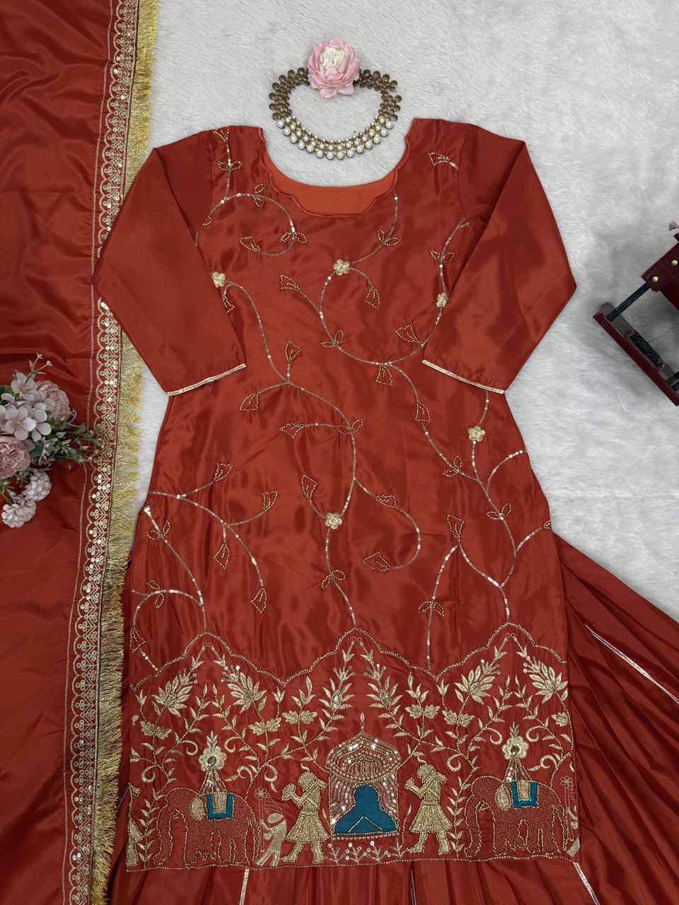 Natural Crep Silk Beads With Thread Sequence Work Top Lehenga