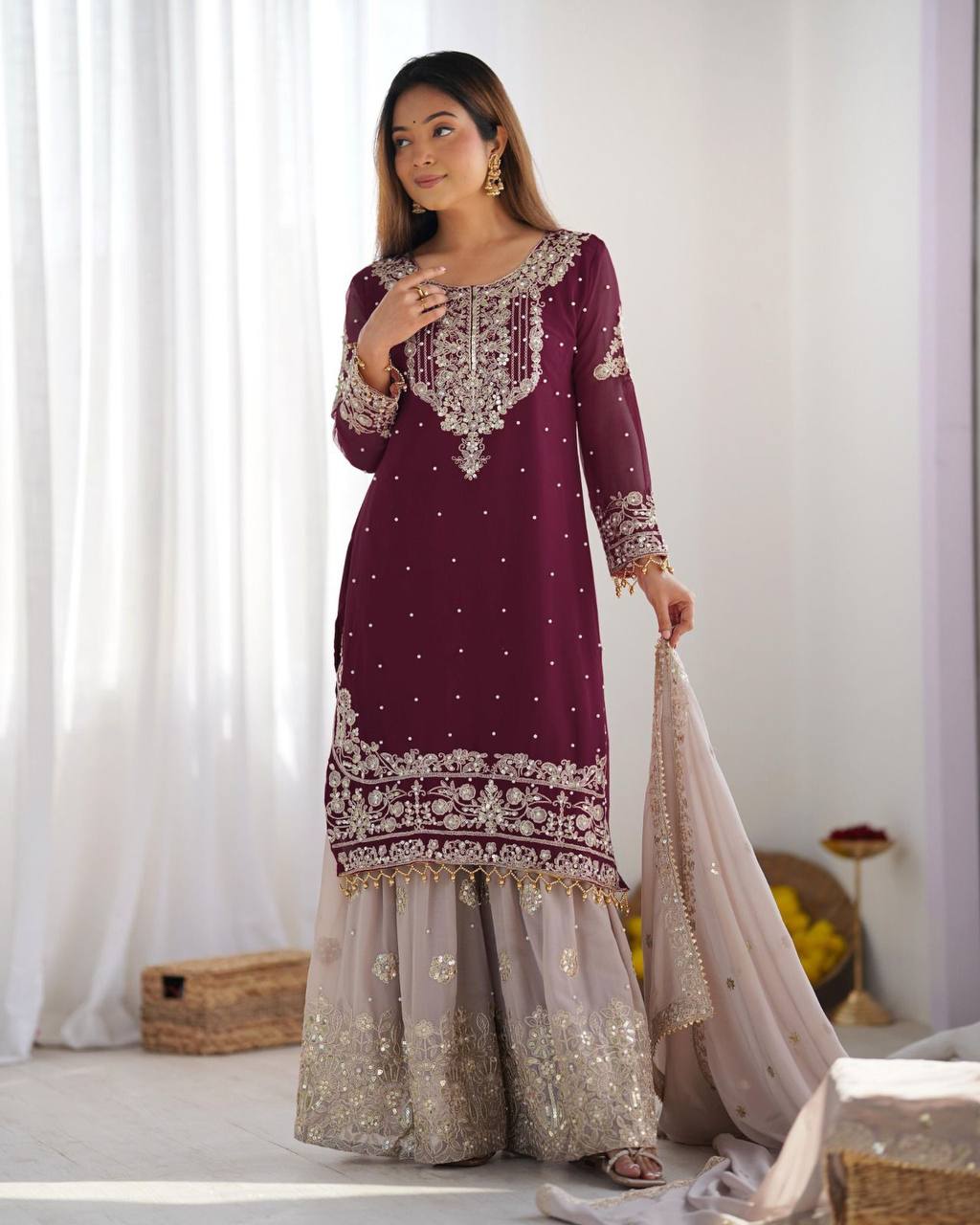 Heavy faux Georgette Embroidery With Dori Sequence Work Top Plazzo