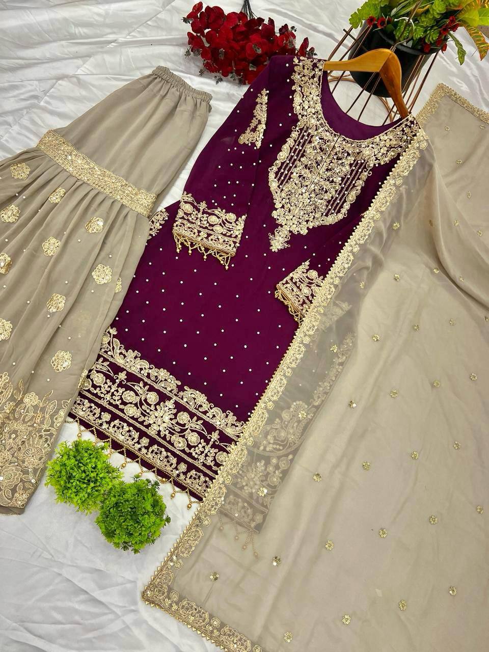 Heavy faux Georgette Embroidery With Dori Sequence Work Top Plazzo