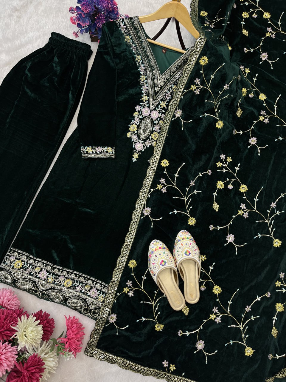 Pure Heavy Viscose Velvet With Embroidery Sequience Work Top Pent