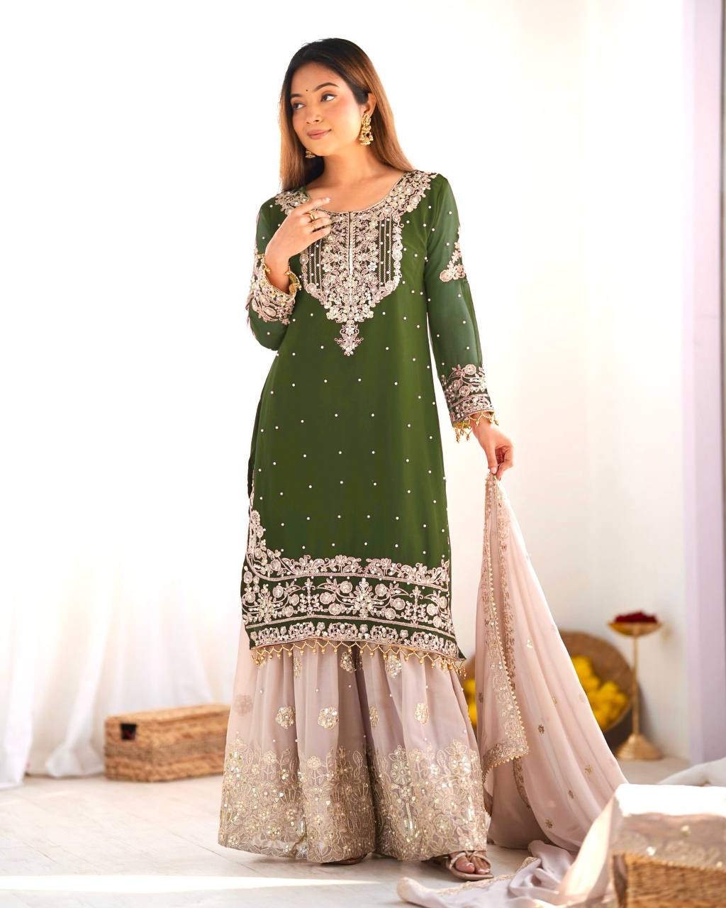 Heavy faux Georgette Embroidery With Dori Sequence Work Top Plazzo
