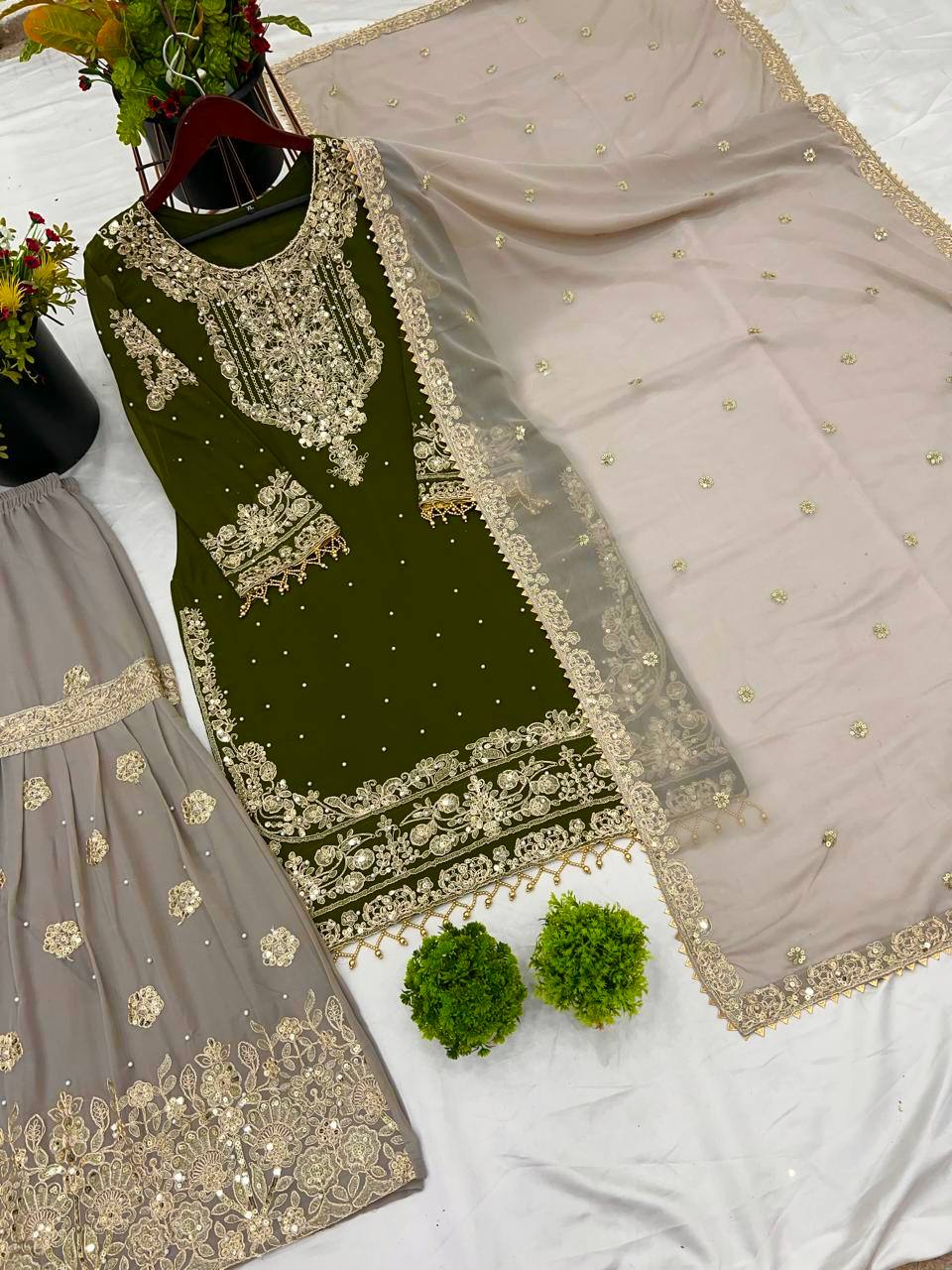 Heavy faux Georgette Embroidery With Dori Sequence Work Top Plazzo