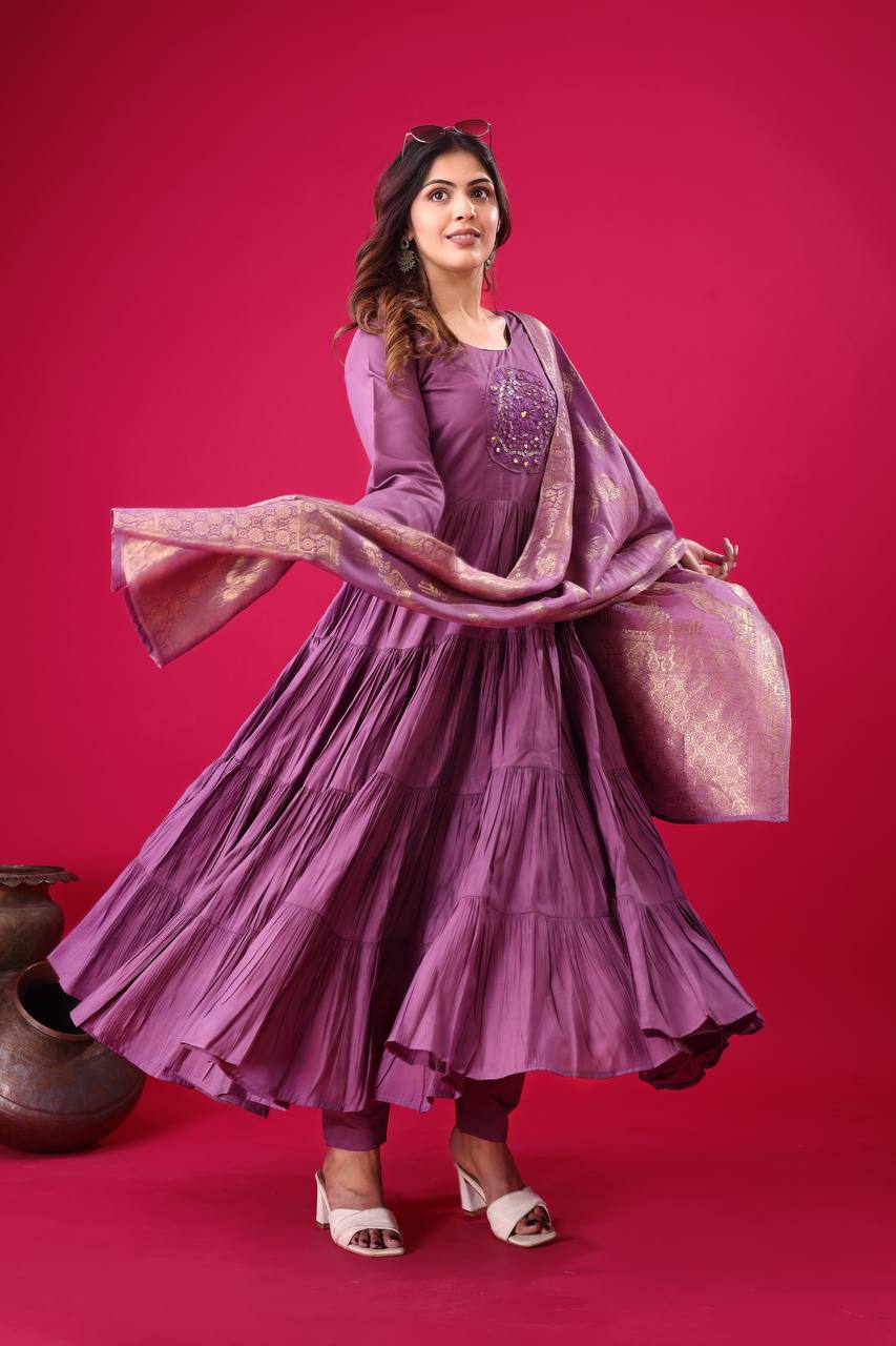Purple Color Roman Silk Embroidery Work Top Pent