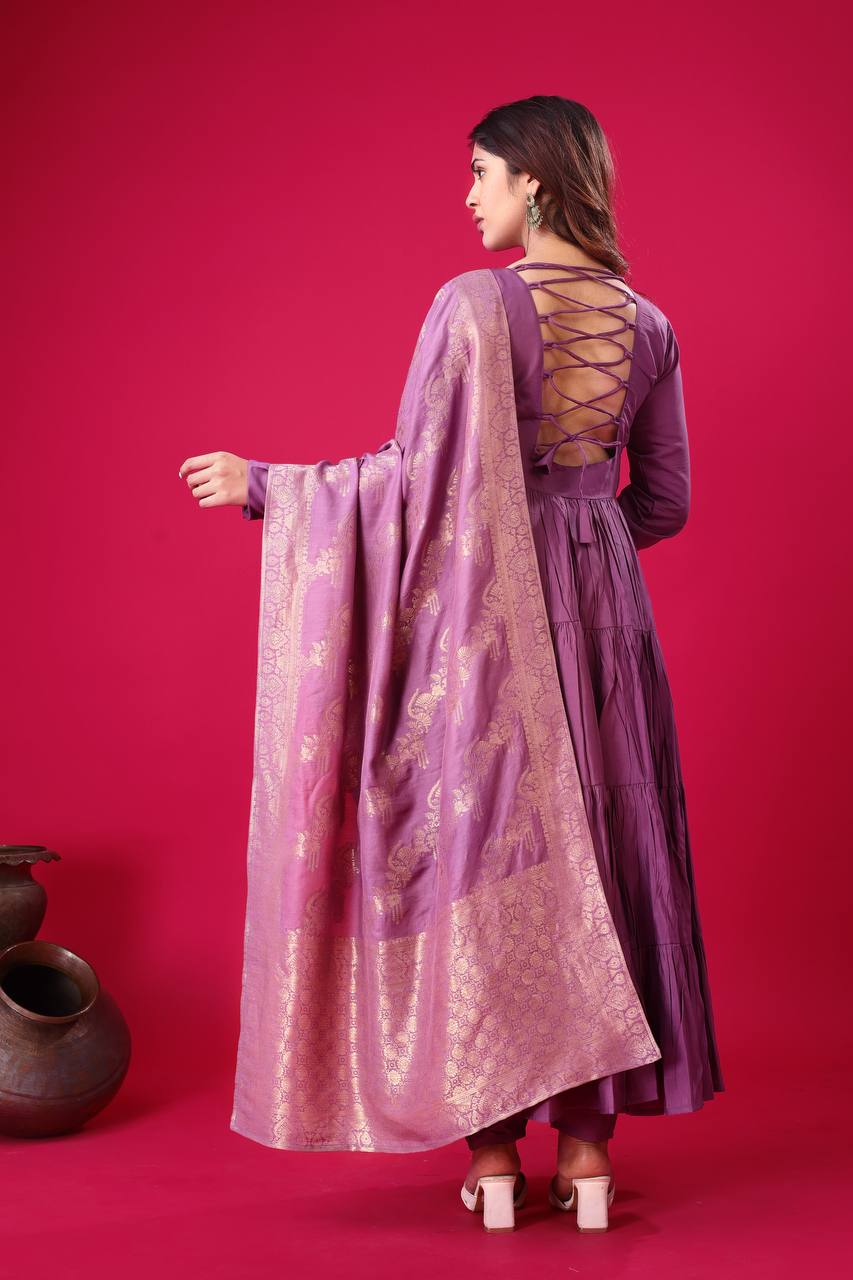 Purple Color Roman Silk Embroidery Work Top Pent