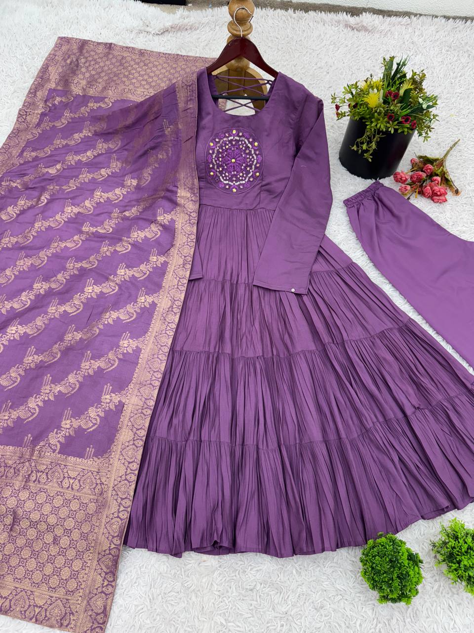 Purple Color Roman Silk Embroidery Work Top Pent