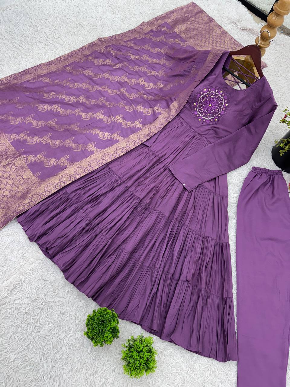 Purple Color Roman Silk Embroidery Work Top Pent