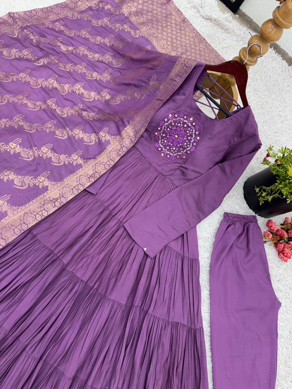 Purple Color Roman Silk Embroidery Work Top Pent