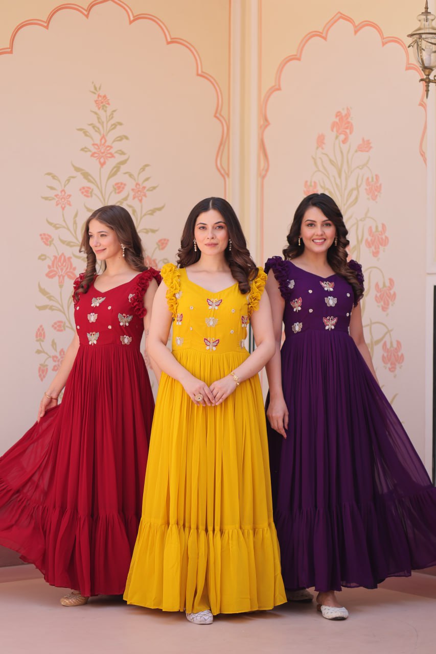 Faux Blooming Multi threaded Embroidery Work Gown