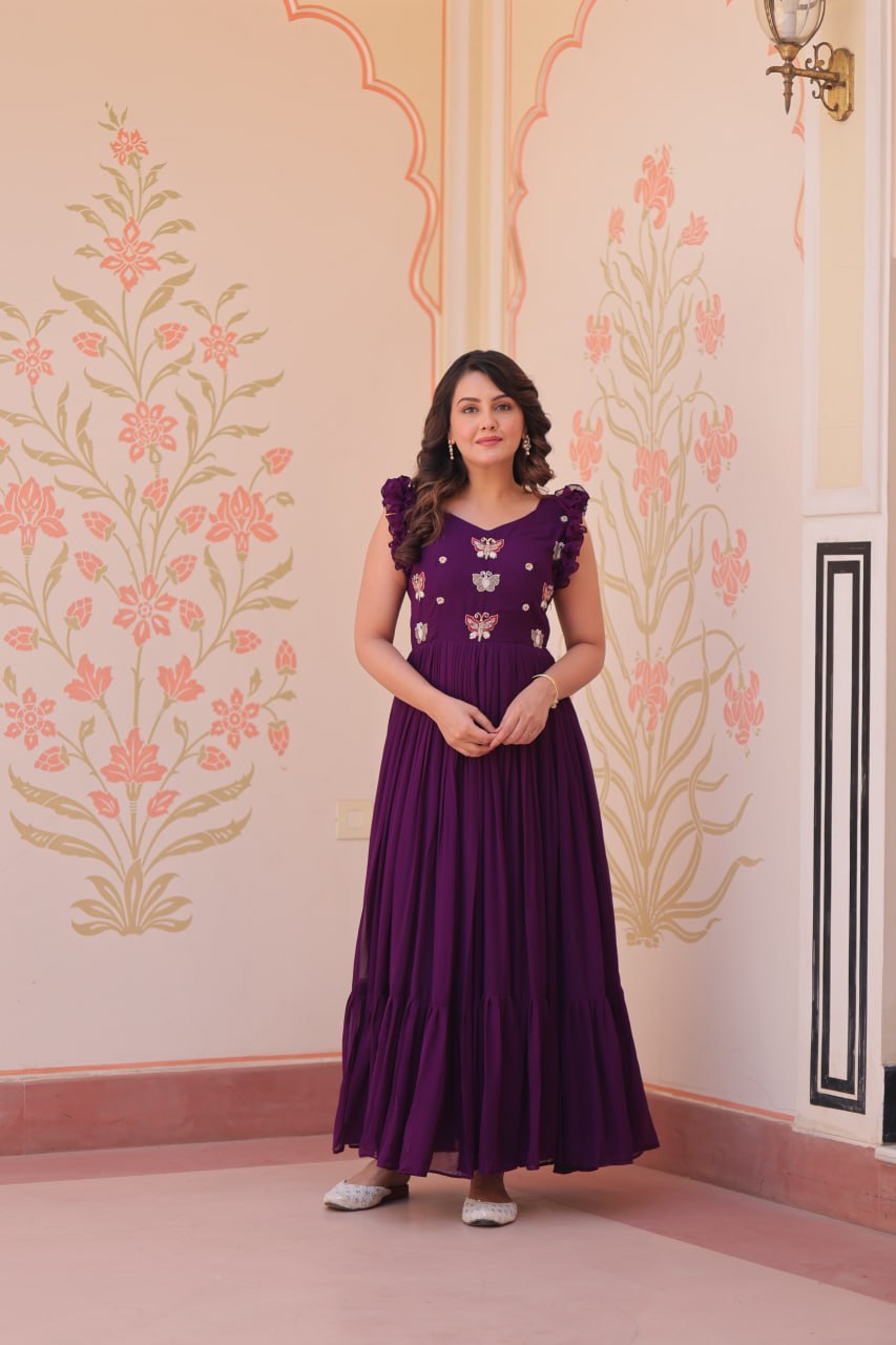 Faux Blooming Multi threaded Embroidery Work Gown