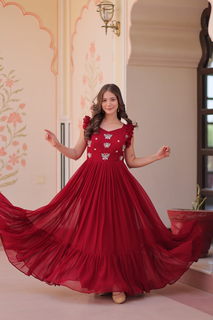 Faux Blooming Multi threaded Embroidery Work Gown