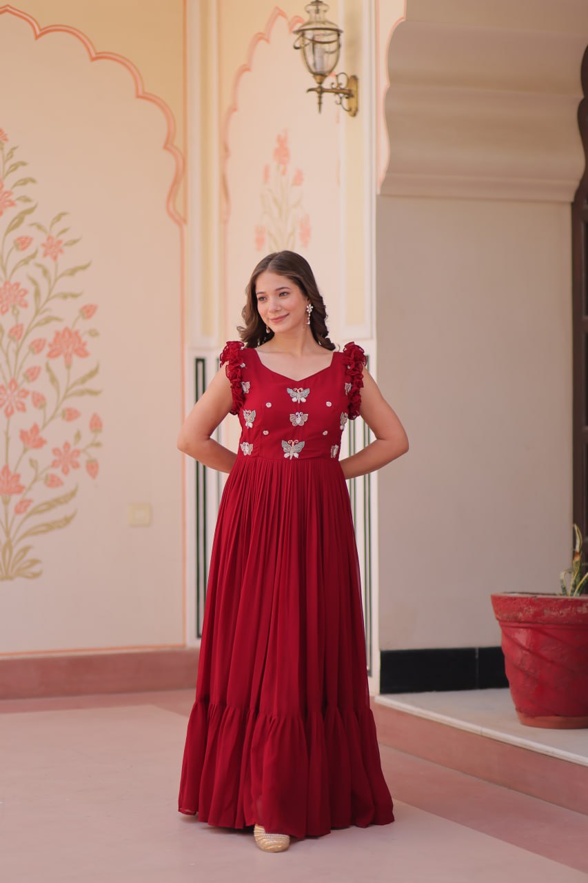 Faux Blooming Multi threaded Embroidery Work Gown