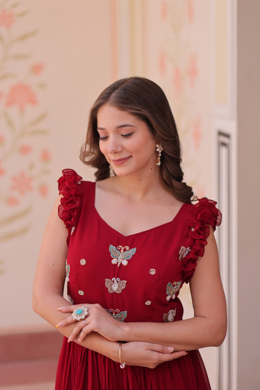 Faux Blooming Multi threaded Embroidery Work Gown