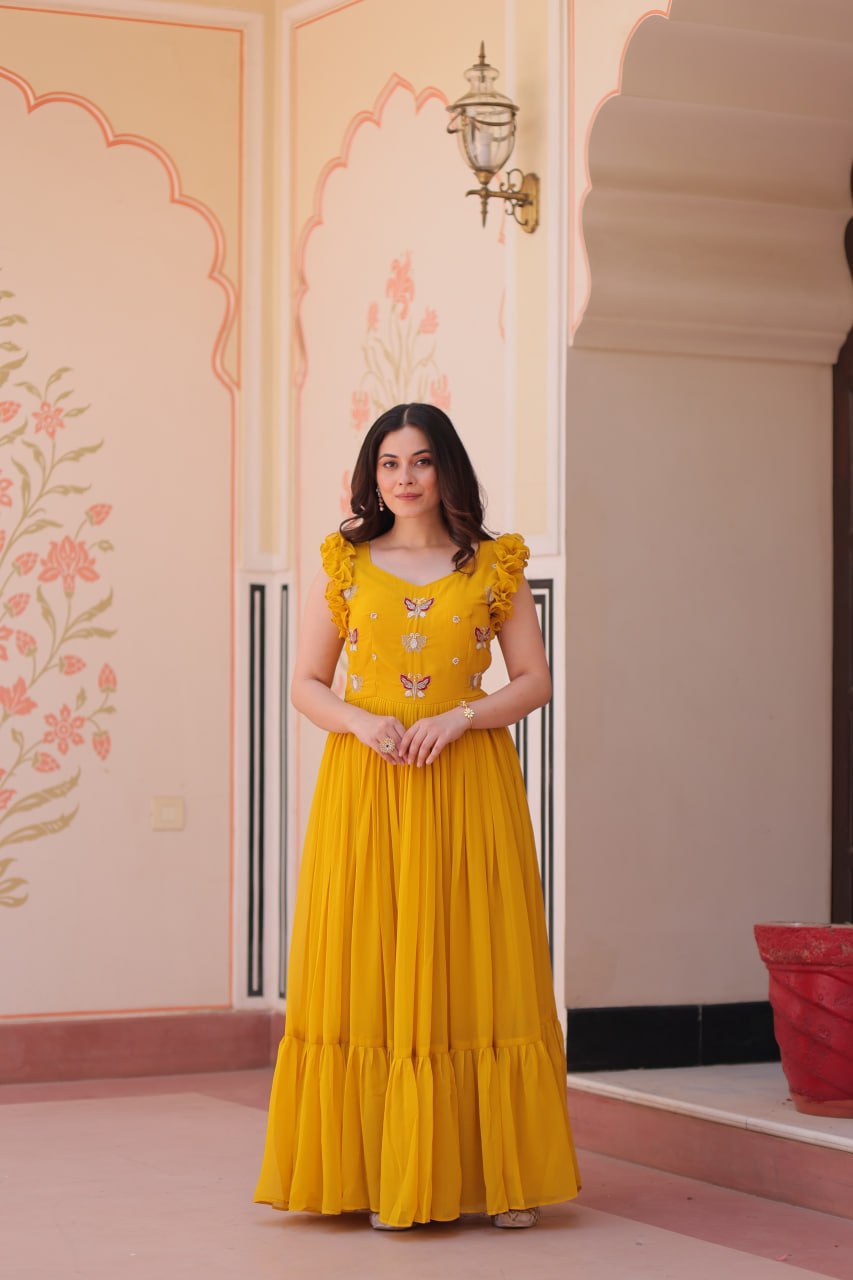 Faux Blooming Multi threaded Embroidery Work Gown