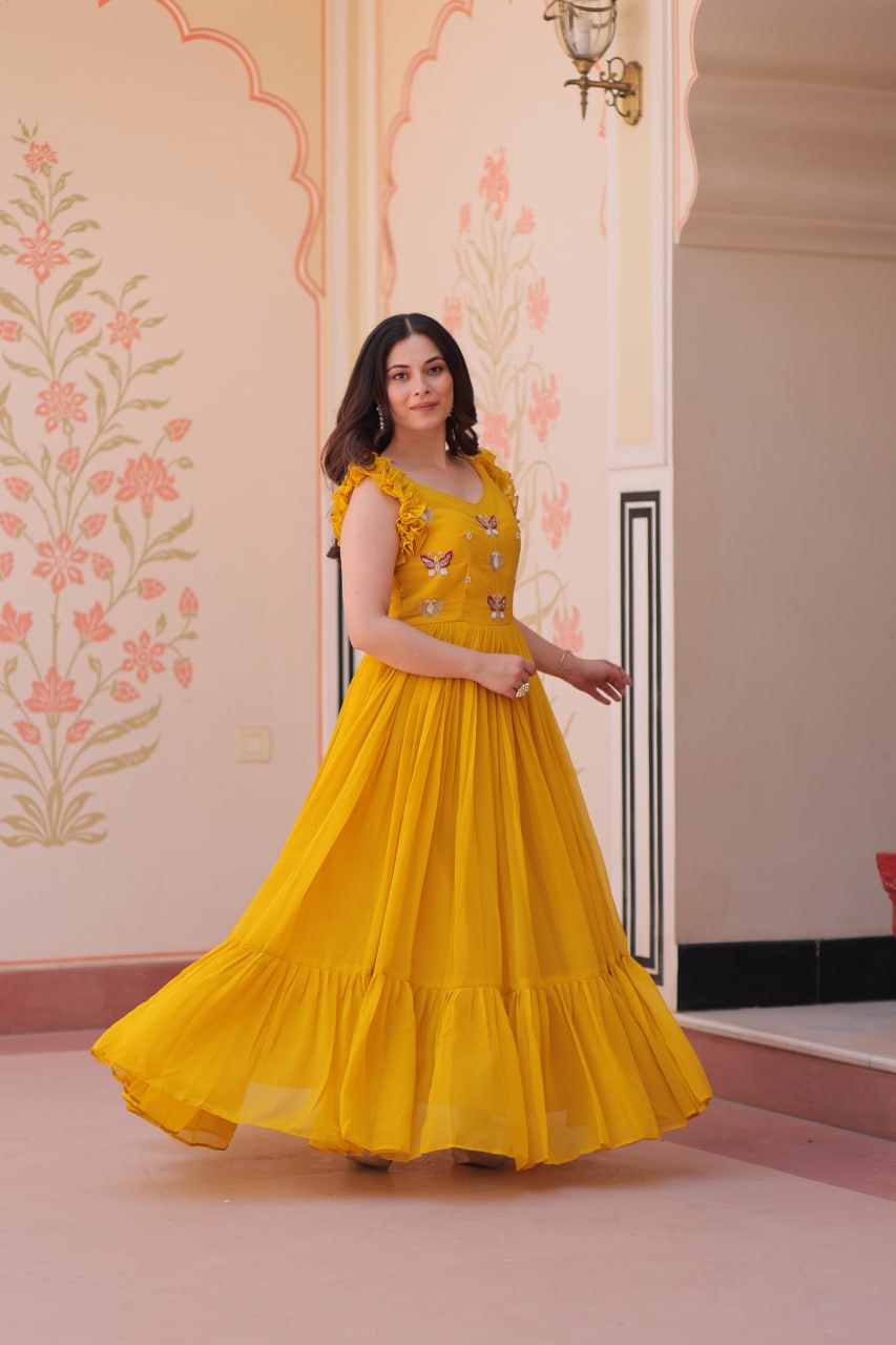 Faux Blooming Multi threaded Embroidery Work Gown