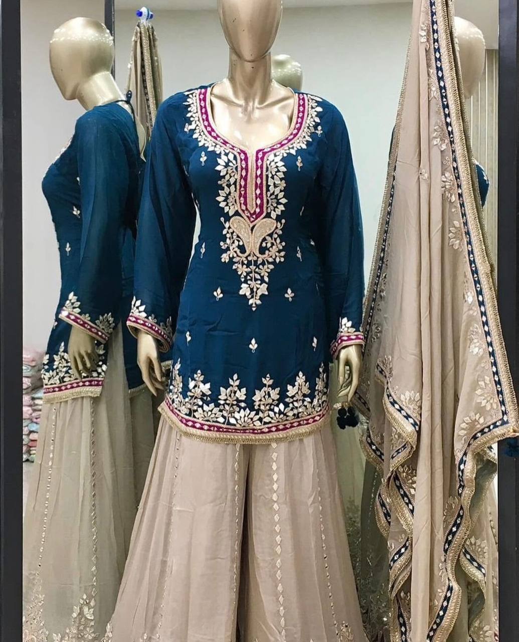Heavy Faux Georgette Embroidery Sequence Work Top Sharara