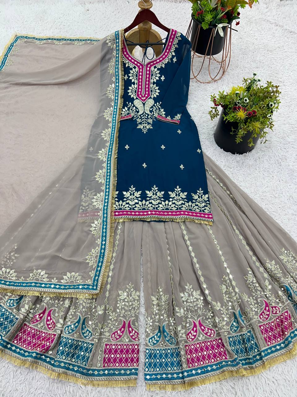 Heavy Faux Georgette Embroidery Sequence Work Top Sharara