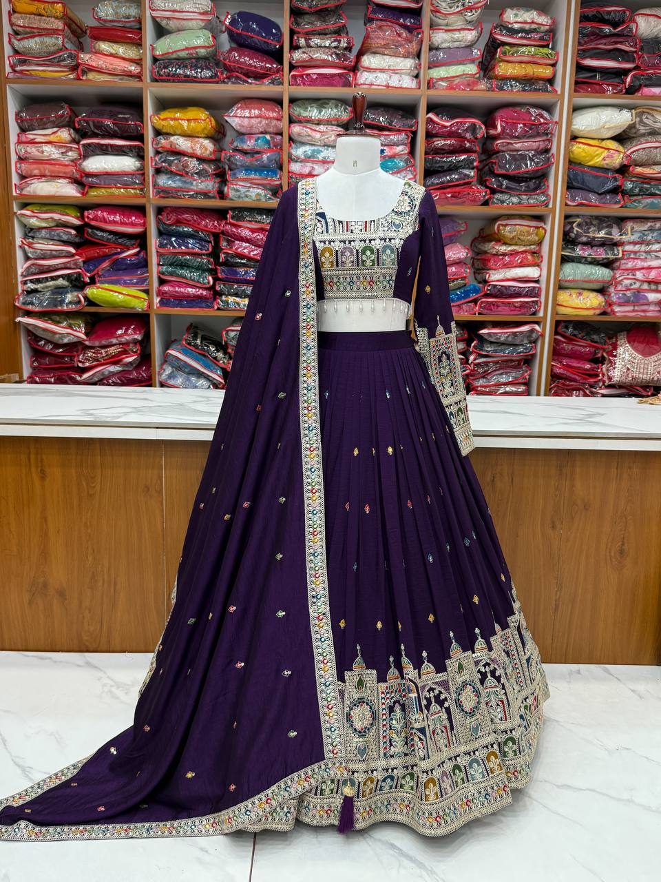 Pure Vichitra Silk Fabric embroidery Thread Work Lehenga