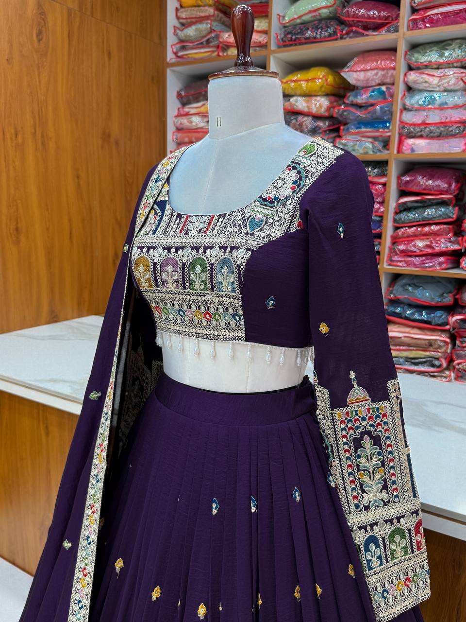 Pure Vichitra Silk Fabric embroidery Thread Work Lehenga