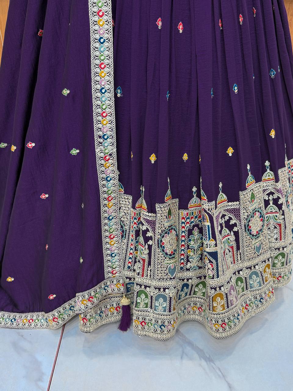 Pure Vichitra Silk Fabric embroidery Thread Work Lehenga