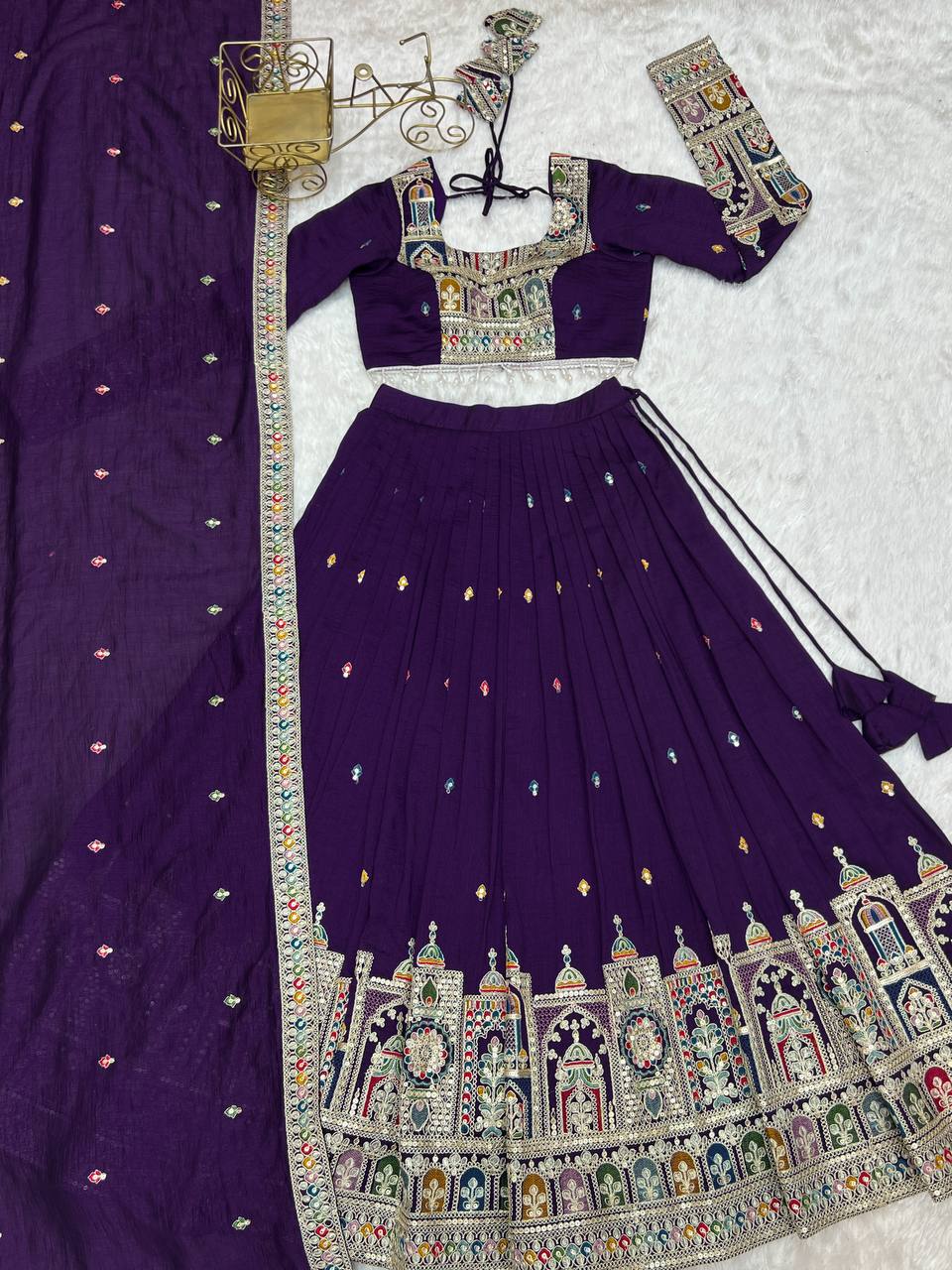 Pure Vichitra Silk Fabric embroidery Thread Work Lehenga