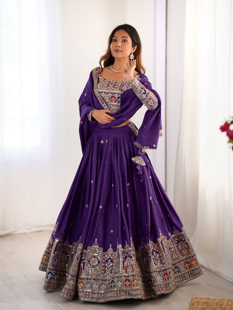 Natural Crep Silk With Coding Dori Thread And Sequence Work Lehenga Choli