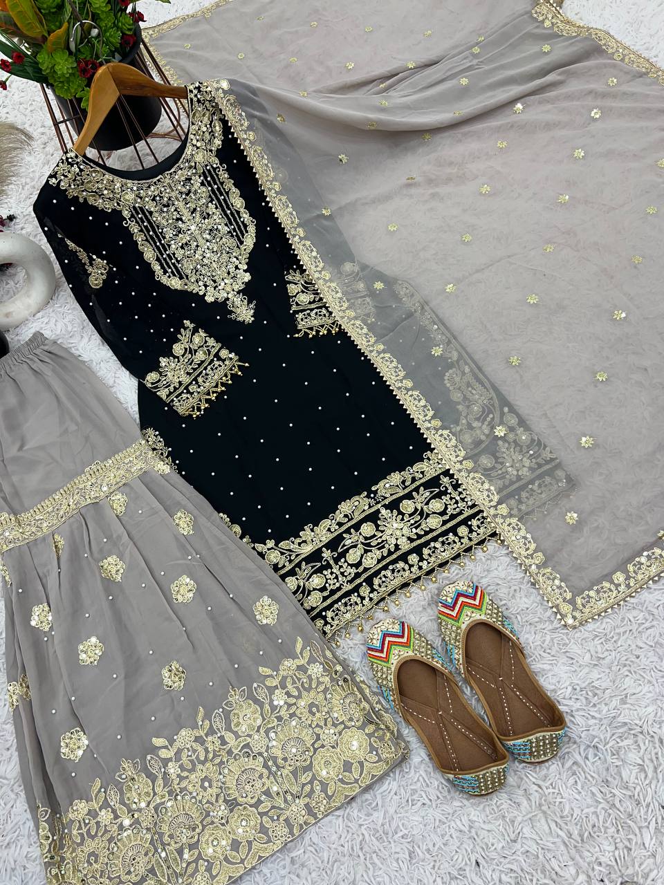 Heavy faux Georgette Embroidery With Dori Sequence Work Top Plazzo