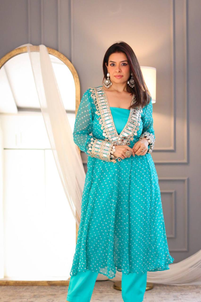 Georgette Digital Print With real Mirror Work Kurti