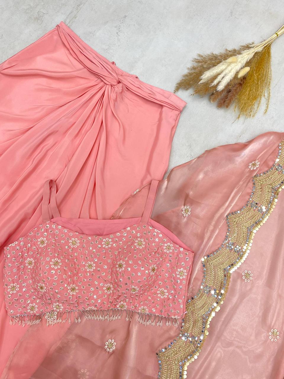 Sequence Embroidery And Silver Moti Lace With CrapeFrench