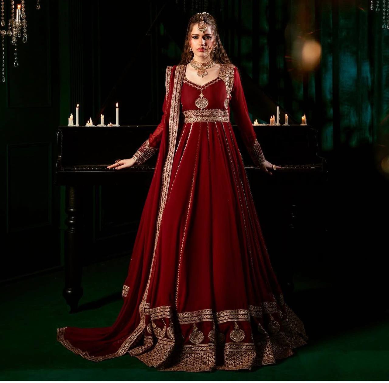 hread with Sequnce Front and back both side work In Gown