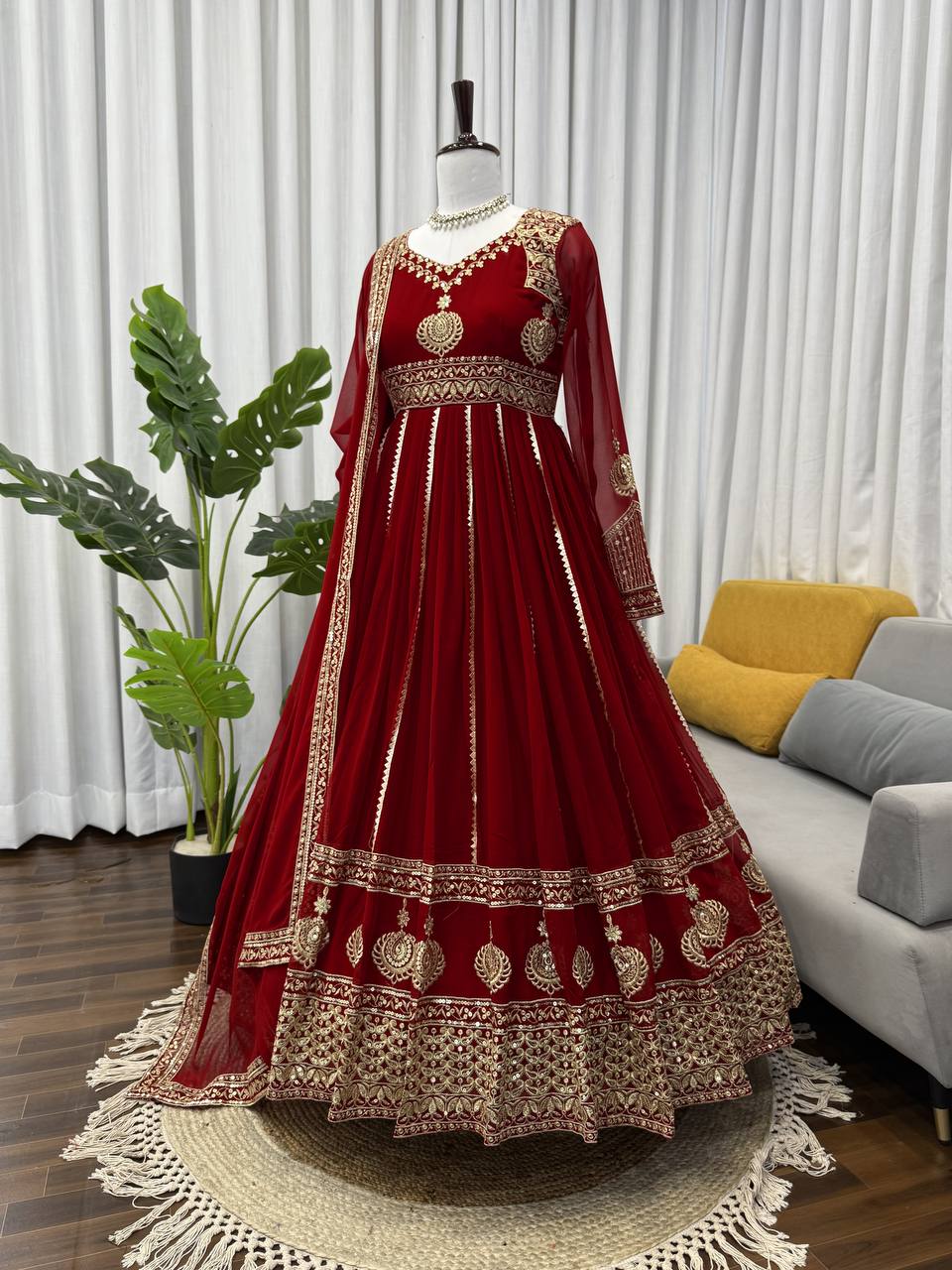 hread with Sequnce Front and back both side work In Gown