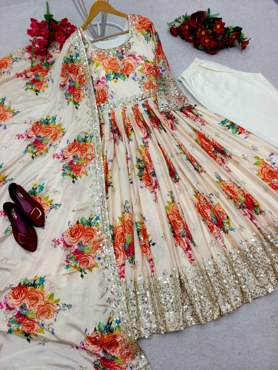 Off White Color Heavy Satin Silk With Digital Print Work Gown