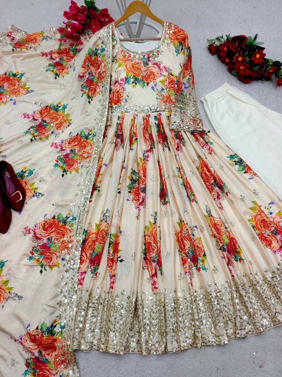 Off White Color Heavy Satin Silk With Digital Print Work Gown