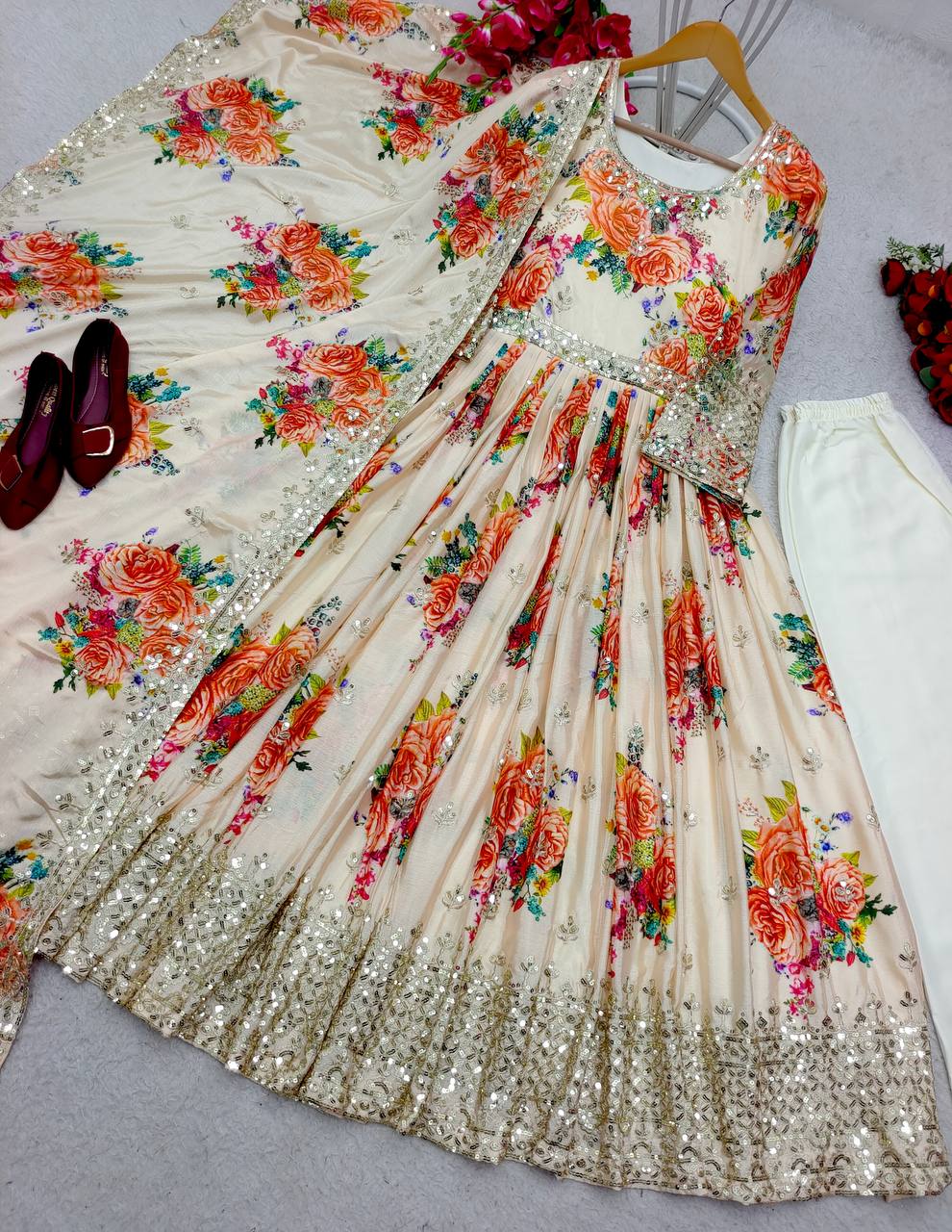 Off White Color Heavy Satin Silk With Digital Print Work Gown