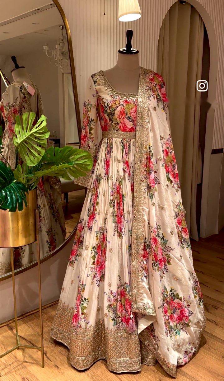 Off White Color Heavy Satin Silk With Digital Print Work Gown