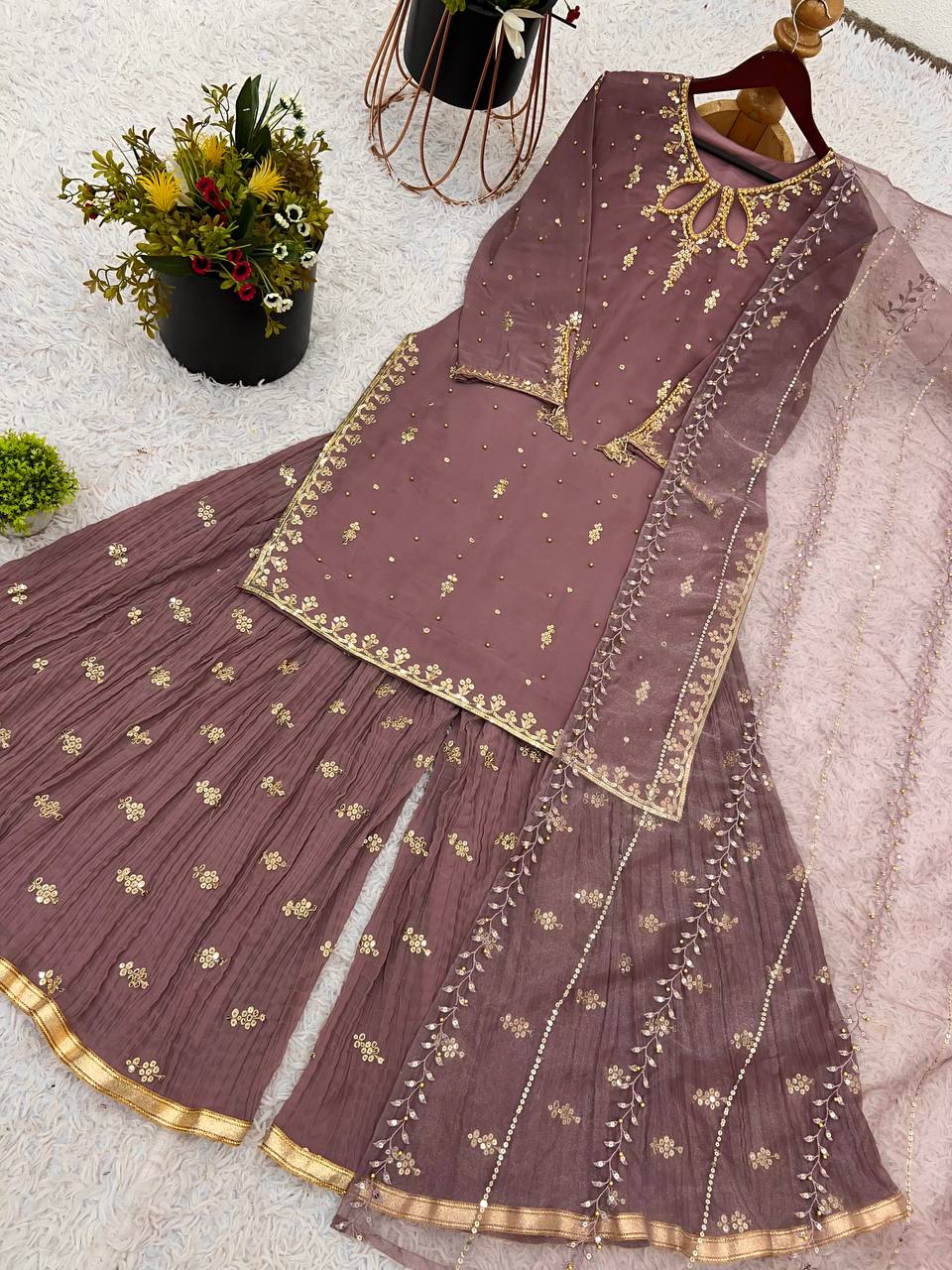 Heavy Faux Georgette With Heavy Embroidery Work Top Sharara