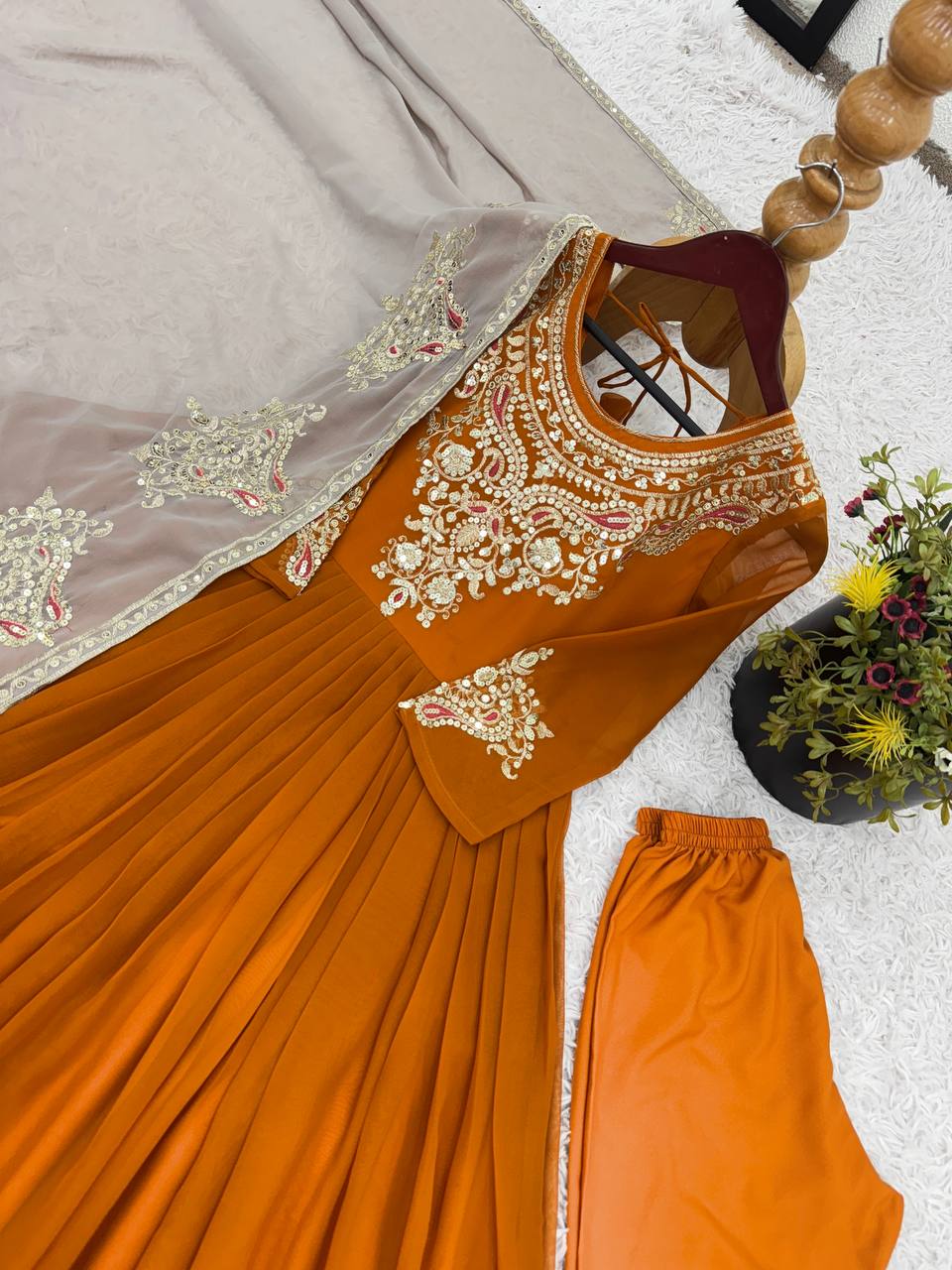Heavy Georgette Multy Thread Embroidery Sequence Work Top Pent