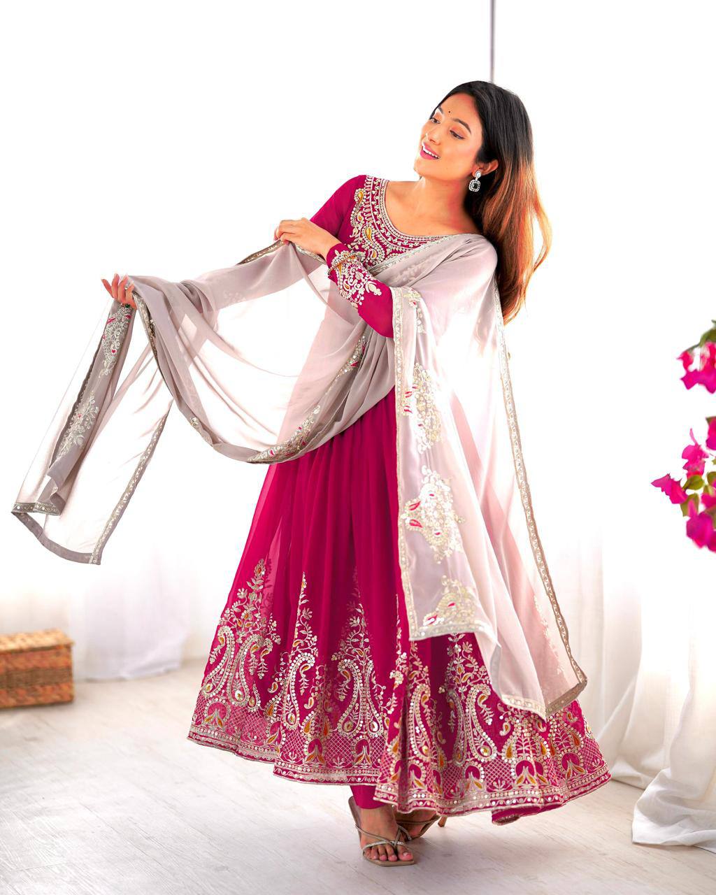 Heavy Georgette Multy Thread Embroidery Sequence Work Top Pent
